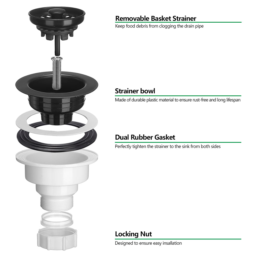 3 - 1/2 inch Kitchen Sink Strainer Assembly with Stopper for Matching Color of Granite or Fireclay Sinks - Black NDA0052 - Serene Valley