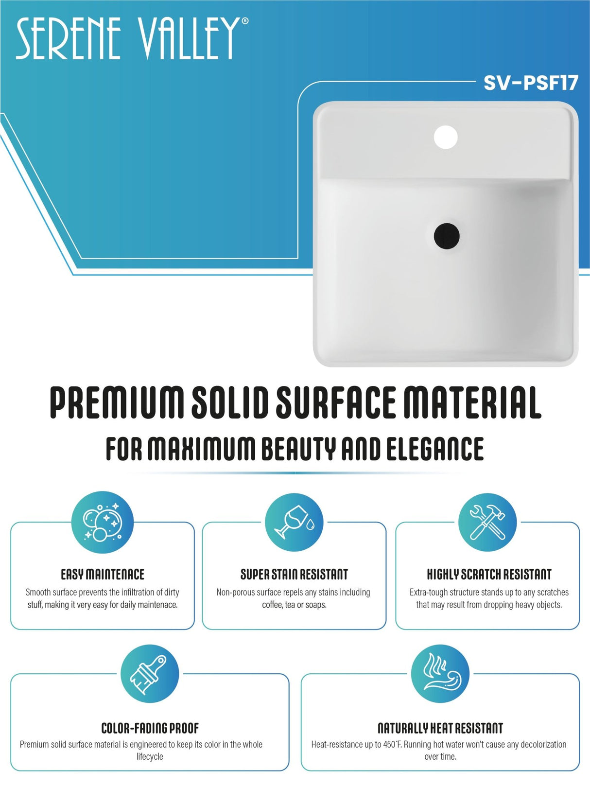 Bathroom Pedestal Sink, Solid Surface Material, Free - Standing Install, 16.5" with Single Faucet Hole in Matte White, SV - PSF17 - Serene Valley