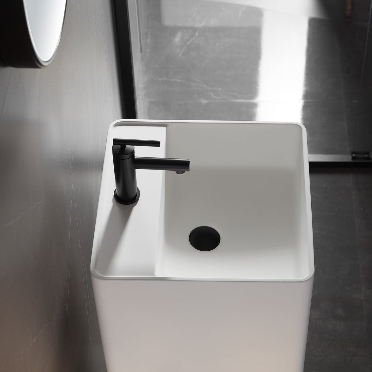 Bathroom Pedestal Sink, Solid Surface Material, Free - Standing Install, 16.5" with Single Faucet Hole in Matte White, SV - PSF17 - Serene Valley