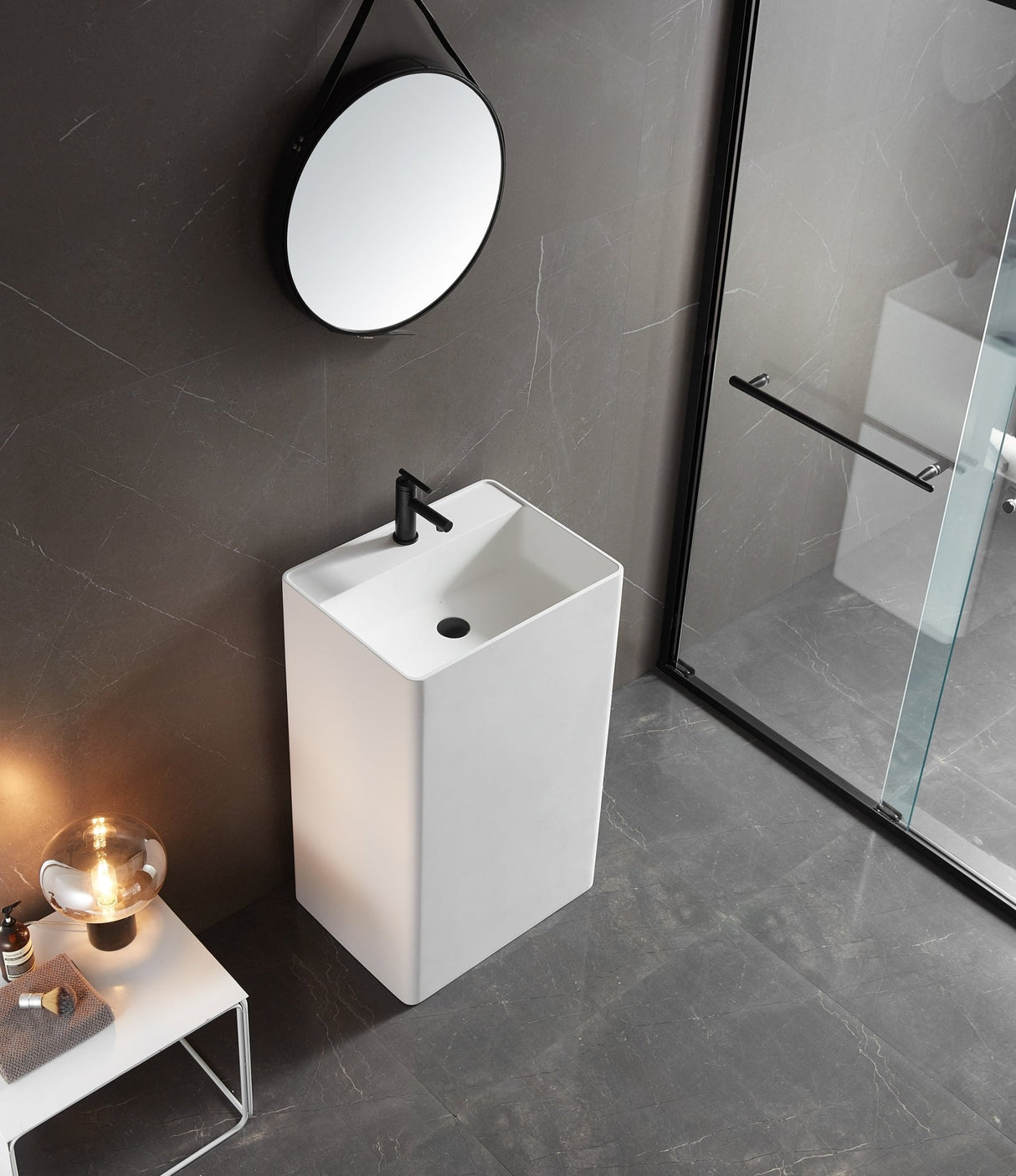 Bathroom Pedestal Sink, Solid Surface Material, Free - Standing Install, 21.5X16.5" with Single Faucet Hole in Matte White, SV - PSF2217 - Serene Valley