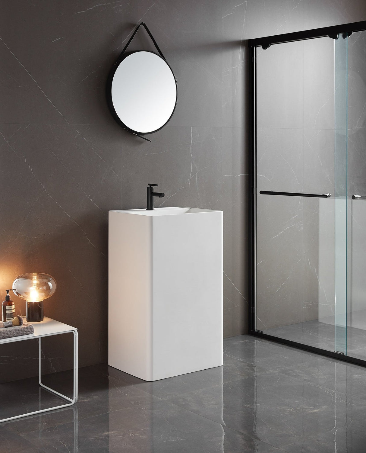 Bathroom Pedestal Sink, Solid Surface Material, Free - Standing Install, 21.5X16.5" with Single Faucet Hole in Matte White, SV - PSF2217 - Serene Valley