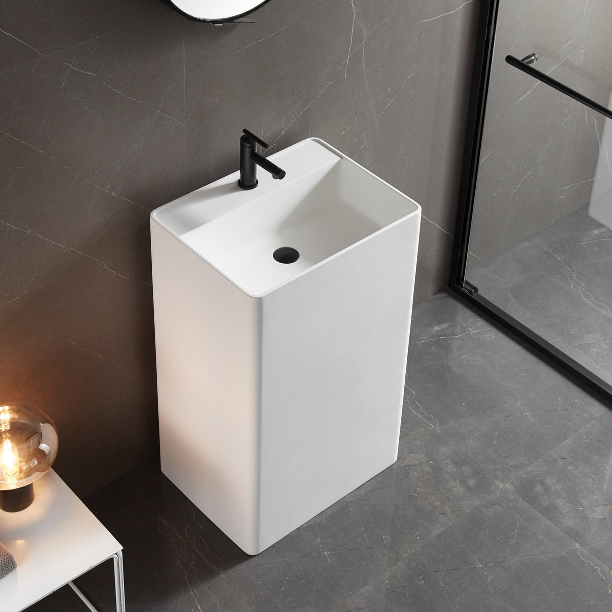 Bathroom Pedestal Sink, Solid Surface Material, Free - Standing Install, 21.5X16.5" with Single Faucet Hole in Matte White, SV - PSF2217 - Serene Valley
