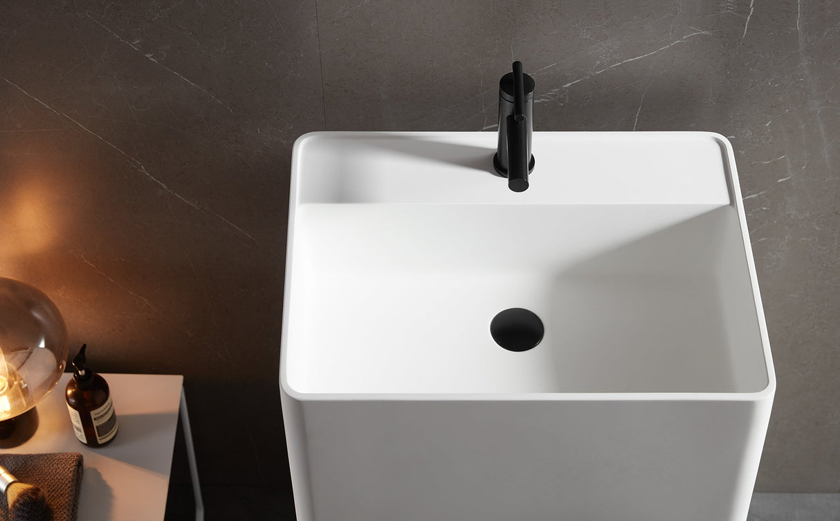 Bathroom Pedestal Sink, Solid Surface Material, Free - Standing Install, 21.5X16.5" with Single Faucet Hole in Matte White, SV - PSF2217 - Serene Valley