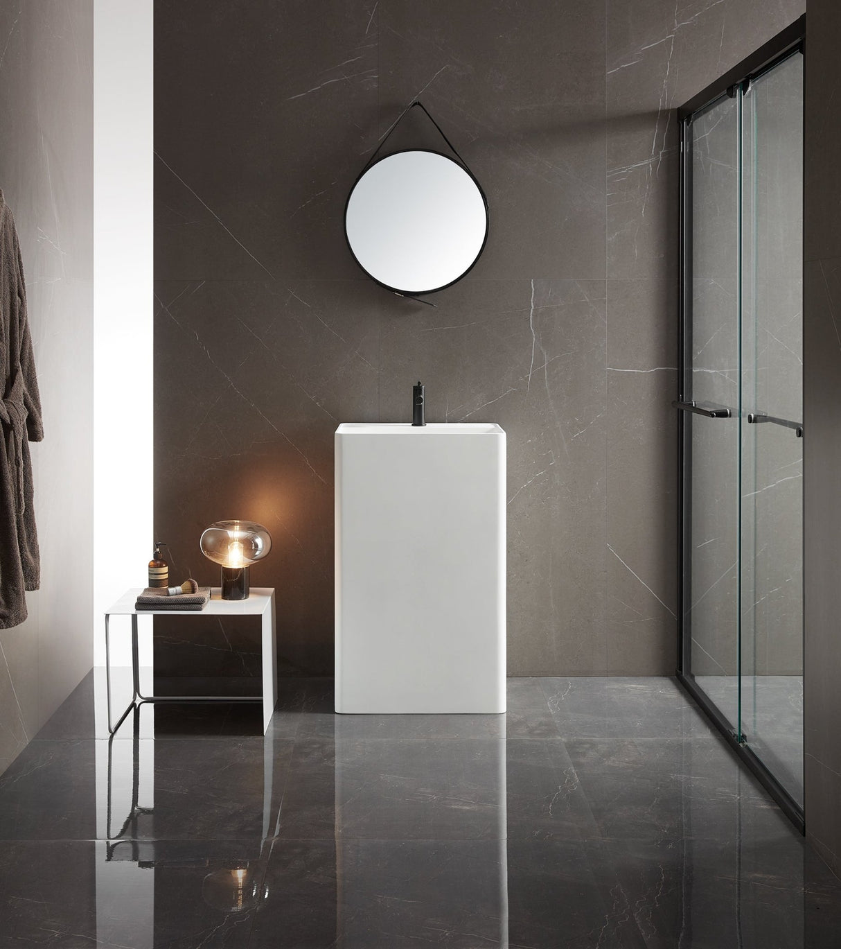 Bathroom Pedestal Sink, Solid Surface Material, Free - Standing Install, 21.5X16.5" with Single Faucet Hole in Matte White, SV - PSF2217 - Serene Valley