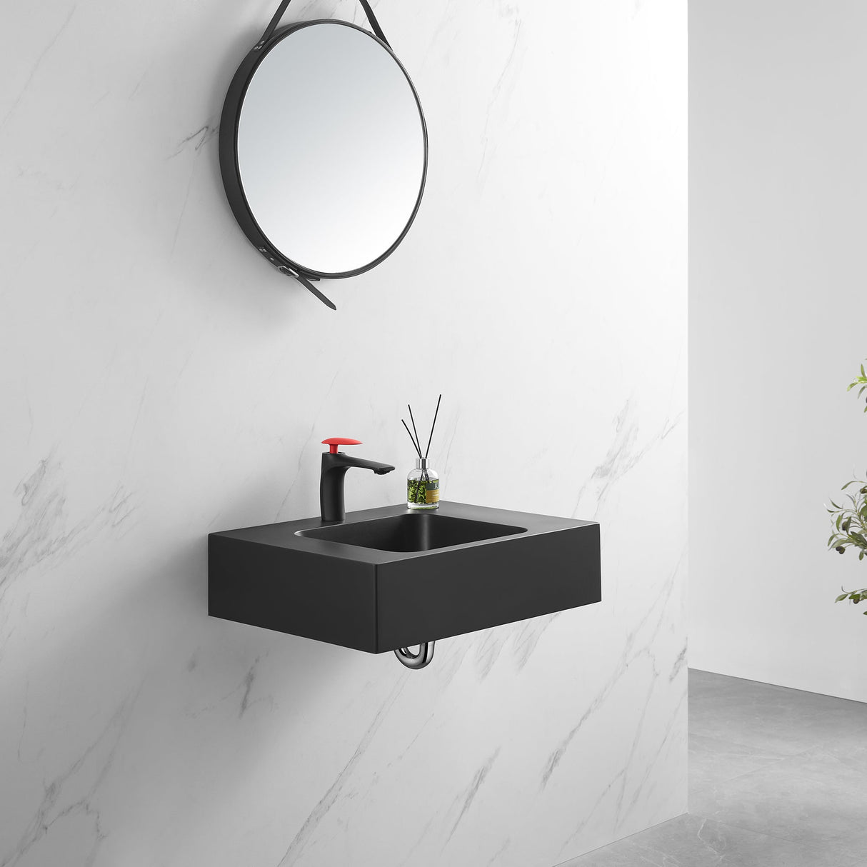 Bathroom Sink, Solid Surface Material, Wall - Mount or Countertop Install, 24" with Single Faucet Hole in Matte Black, SVWS602 - 26BK - Serene Valley