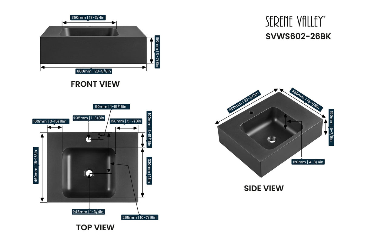 Bathroom Sink, Solid Surface Material, Wall - Mount or Countertop Install, 24" with Single Faucet Hole in Matte Black, SVWS602 - 26BK - Serene Valley
