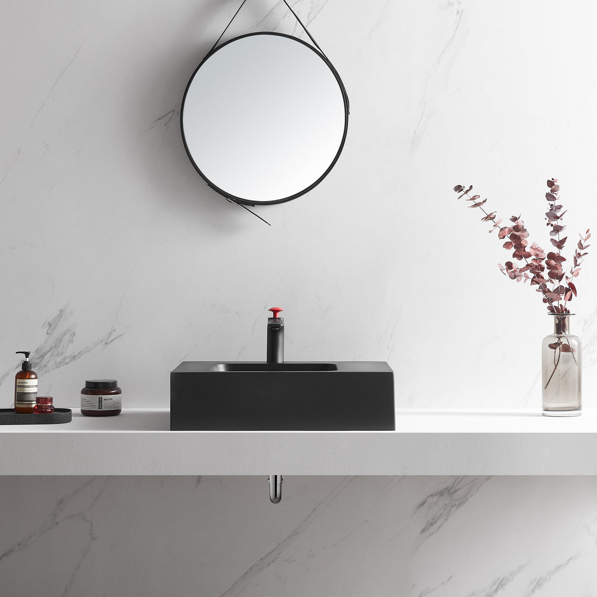 Bathroom Sink, Solid Surface Material, Wall - Mount or Countertop Install, 24" with Single Faucet Hole in Matte Black, SVWS602 - 26BK - Serene Valley