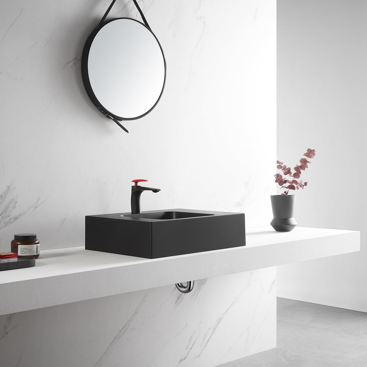 Bathroom Sink, Solid Surface Material, Wall - Mount or Countertop Install, 24" with Single Faucet Hole in Matte Black, SVWS602 - 26BK - Serene Valley