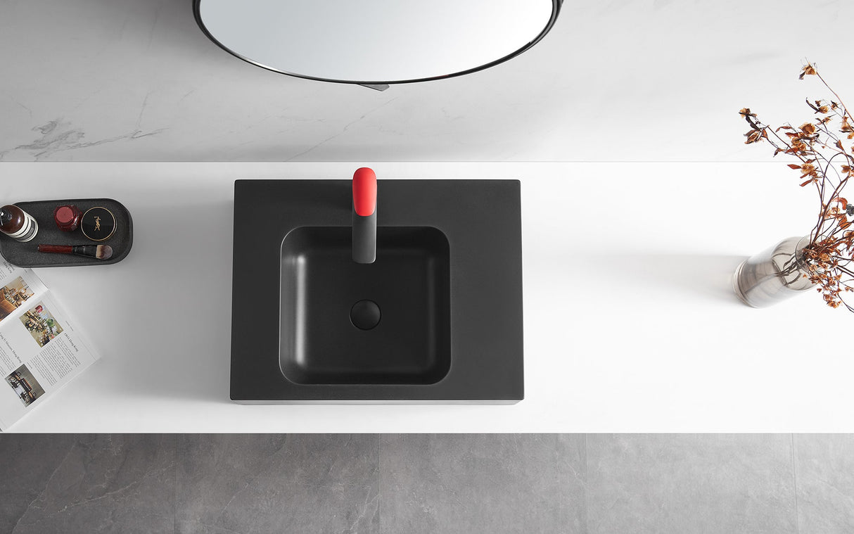 Bathroom Sink, Solid Surface Material, Wall - Mount or Countertop Install, 24" with Single Faucet Hole in Matte Black, SVWS602 - 26BK - Serene Valley