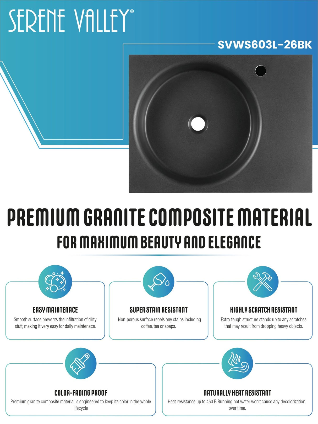 Bathroom Sink, Solid Surface Material, Wall - Mount or Countertop Install, 24" with Single Faucet Hole in Matte Black, SVWS603L - 26BK - Serene Valley