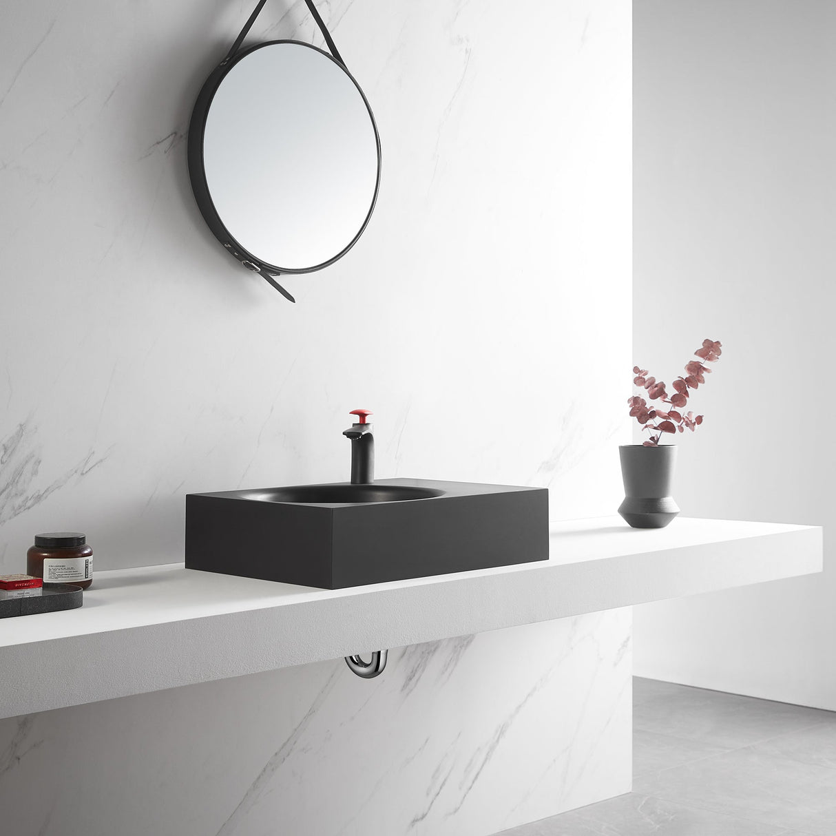 Bathroom Sink, Solid Surface Material, Wall - Mount or Countertop Install, 24" with Single Faucet Hole in Matte Black, SVWS603L - 26BK - Serene Valley