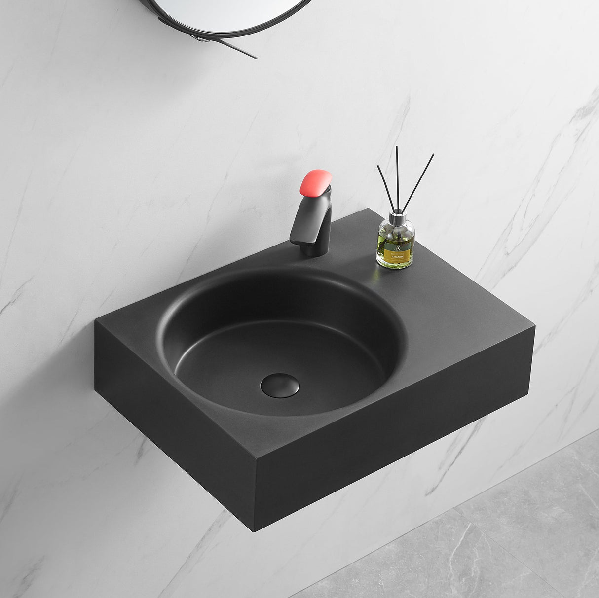 Bathroom Sink, Solid Surface Material, Wall - Mount or Countertop Install, 24" with Single Faucet Hole in Matte Black, SVWS603L - 26BK - Serene Valley