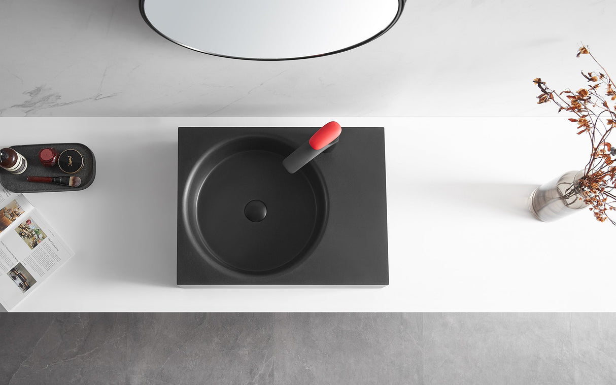 Bathroom Sink, Solid Surface Material, Wall - Mount or Countertop Install, 24" with Single Faucet Hole in Matte Black, SVWS603L - 26BK - Serene Valley