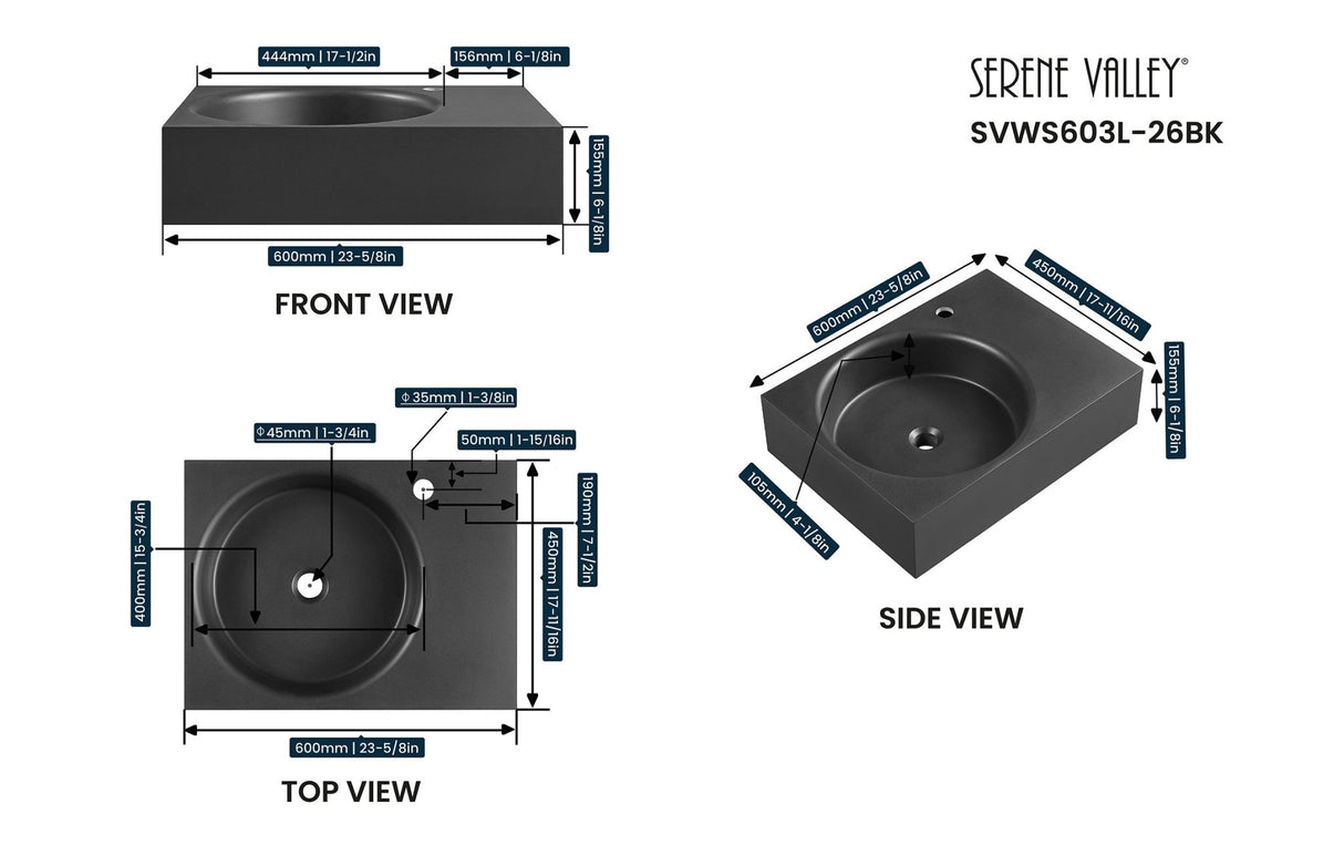 Bathroom Sink, Solid Surface Material, Wall - Mount or Countertop Install, 24" with Single Faucet Hole in Matte Black, SVWS603L - 26BK - Serene Valley