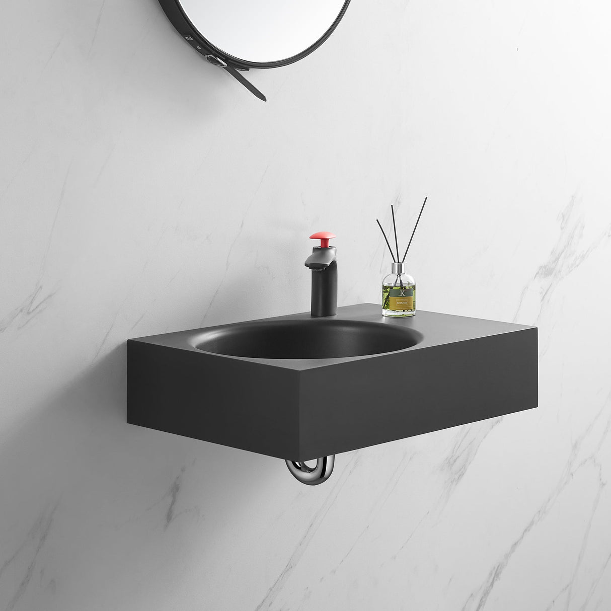 Bathroom Sink, Solid Surface Material, Wall - Mount or Countertop Install, 24" with Single Faucet Hole in Matte Black, SVWS603L - 26BK - Serene Valley