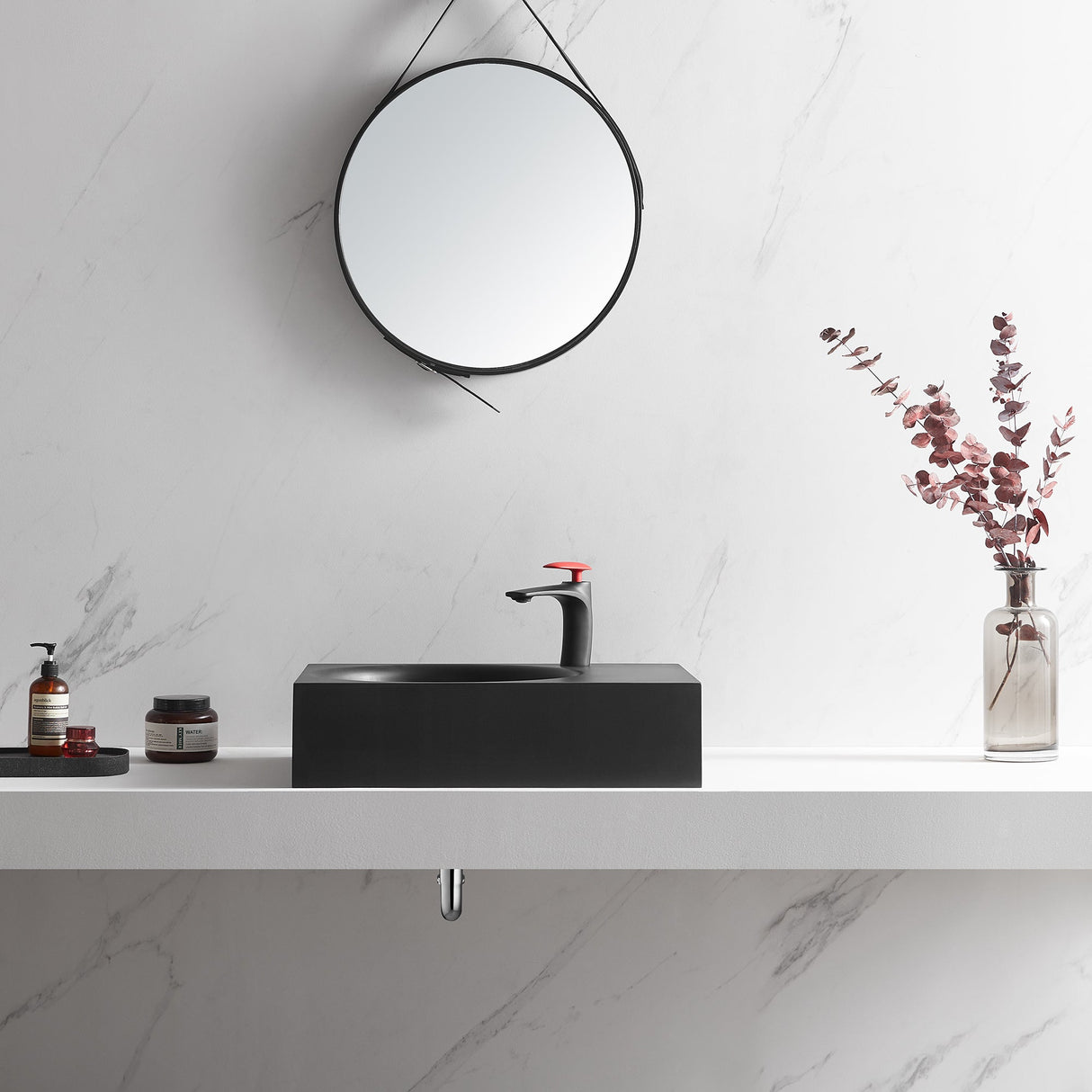 Bathroom Sink, Solid Surface Material, Wall - Mount or Countertop Install, 24" with Single Faucet Hole in Matte Black, SVWS603L - 26BK - Serene Valley