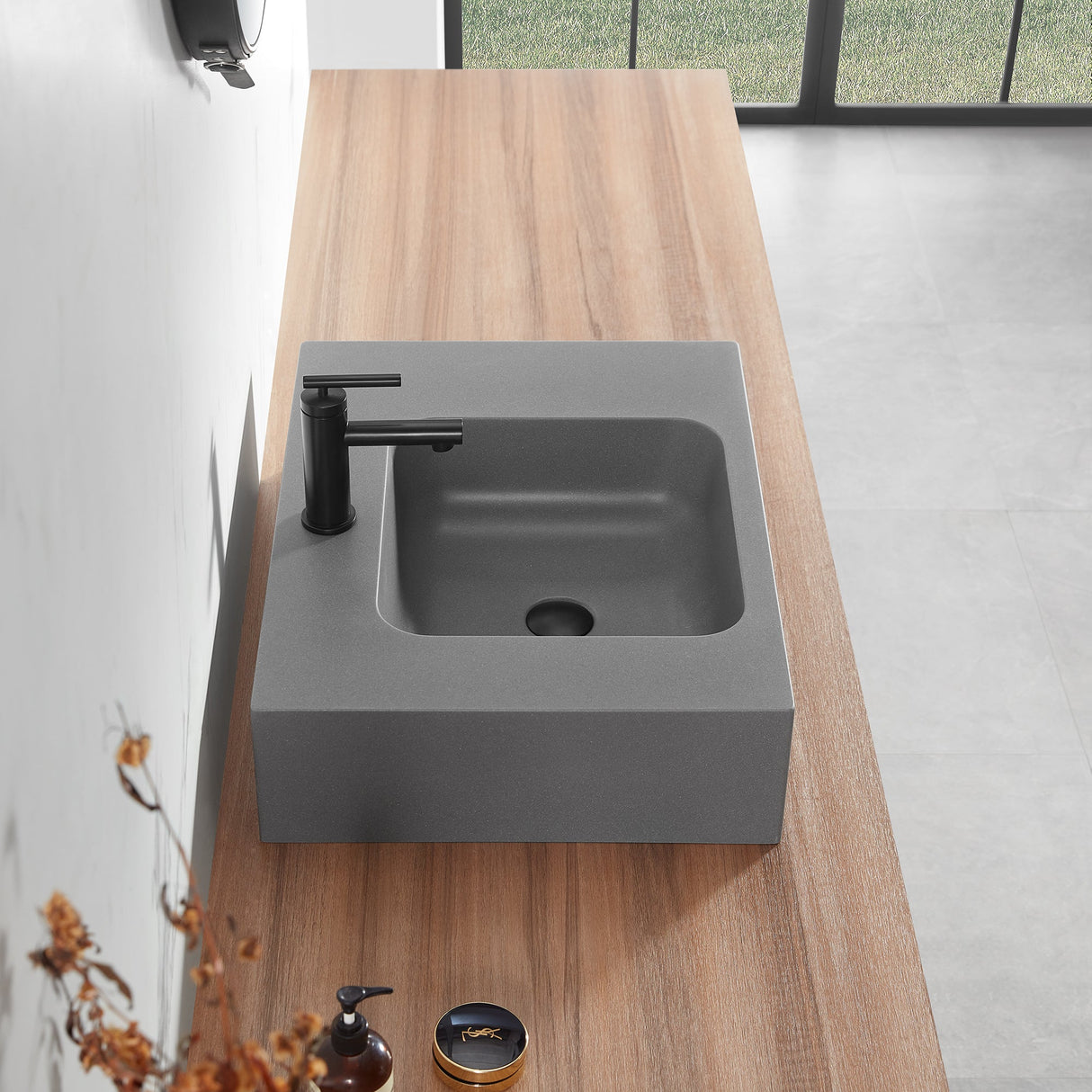 Bathroom Sink, Solid Surface Material, Wall - Mount or Countertop Install, 24" with Single Faucet Hole in Matte Gray, SVWS602 - 26GR - Serene Valley