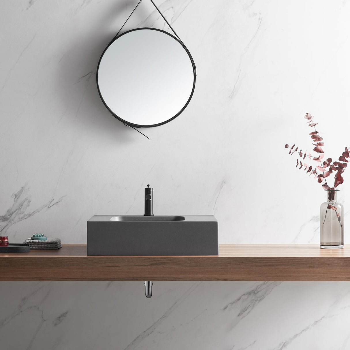 Bathroom Sink, Solid Surface Material, Wall - Mount or Countertop Install, 24" with Single Faucet Hole in Matte Gray, SVWS602 - 26GR - Serene Valley