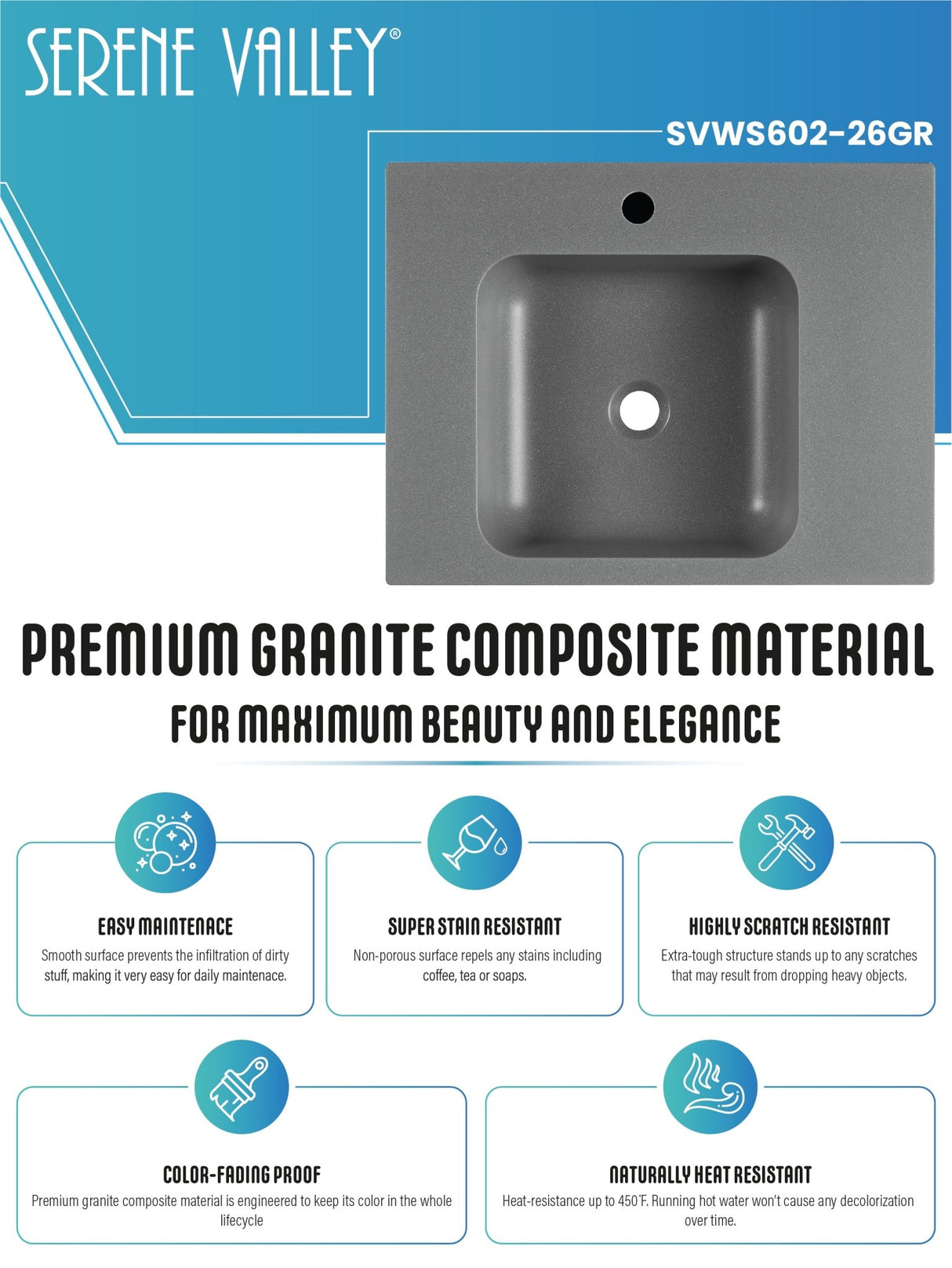 Bathroom Sink, Solid Surface Material, Wall - Mount or Countertop Install, 24" with Single Faucet Hole in Matte Gray, SVWS602 - 26GR - Serene Valley