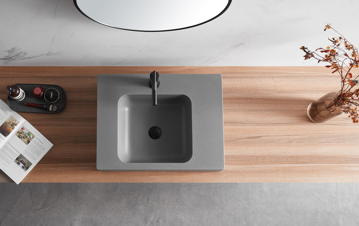 Bathroom Sink, Solid Surface Material, Wall - Mount or Countertop Install, 24" with Single Faucet Hole in Matte Gray, SVWS602 - 26GR - Serene Valley