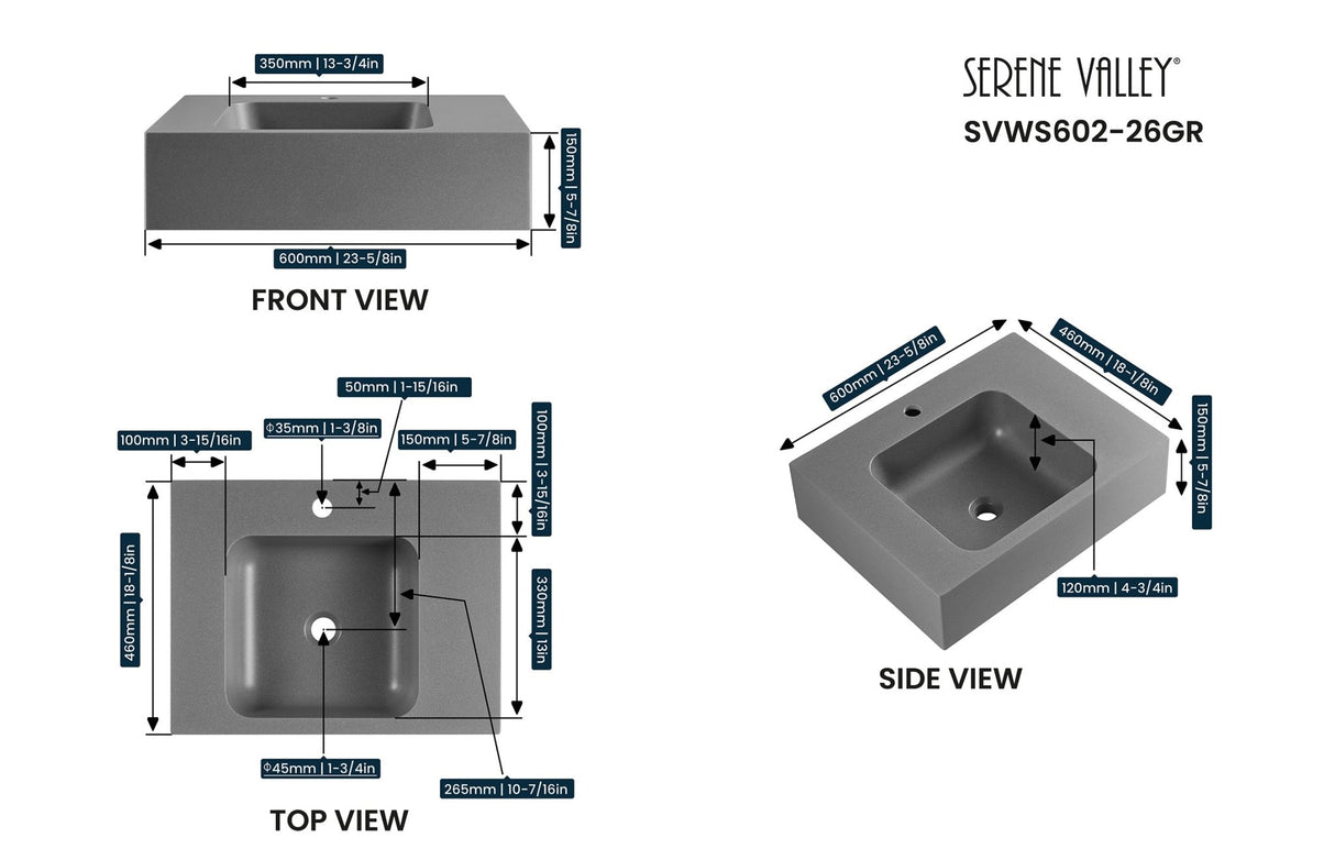 Bathroom Sink, Solid Surface Material, Wall - Mount or Countertop Install, 24" with Single Faucet Hole in Matte Gray, SVWS602 - 26GR - Serene Valley