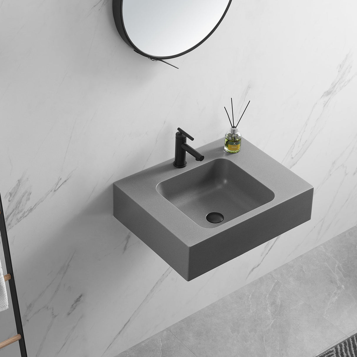 Bathroom Sink, Solid Surface Material, Wall - Mount or Countertop Install, 24" with Single Faucet Hole in Matte Gray, SVWS602 - 26GR - Serene Valley