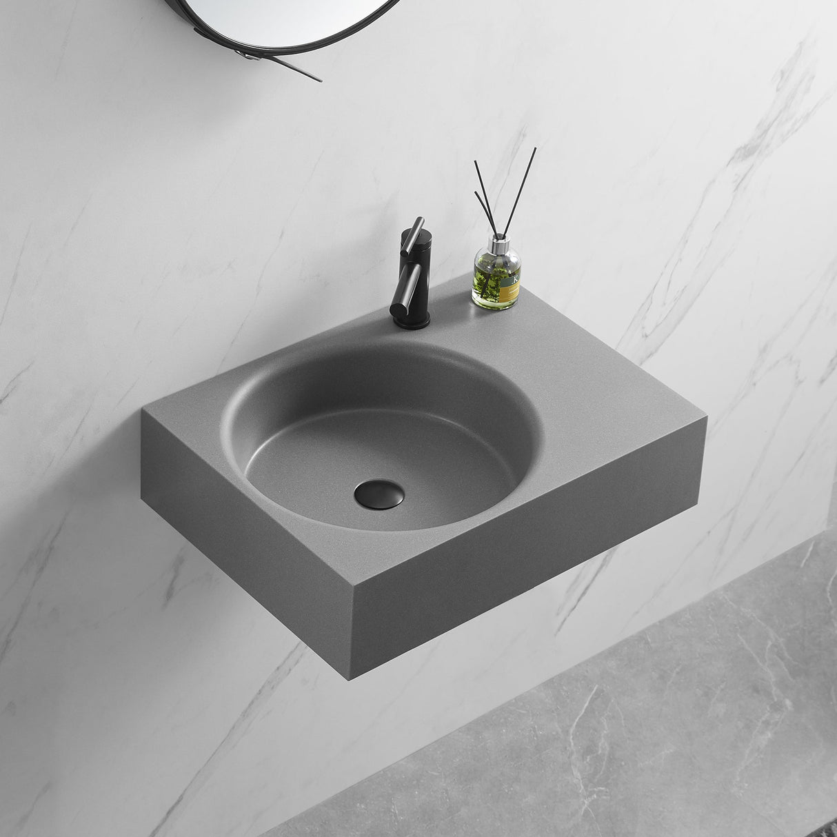 Bathroom Sink, Solid Surface Material, Wall - Mount or Countertop Install, 24" with Single Faucet Hole in Matte Gray, SVWS603L - 26GR - Serene Valley