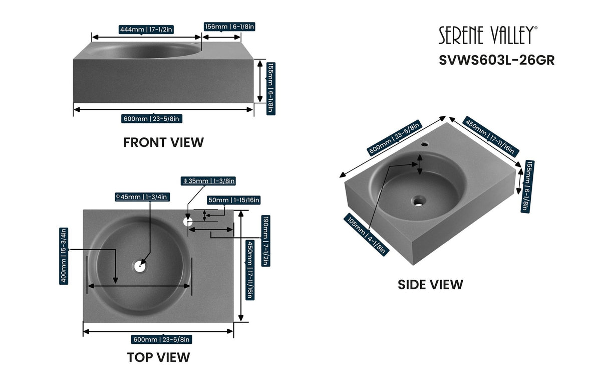 Bathroom Sink, Solid Surface Material, Wall - Mount or Countertop Install, 24" with Single Faucet Hole in Matte Gray, SVWS603L - 26GR - Serene Valley