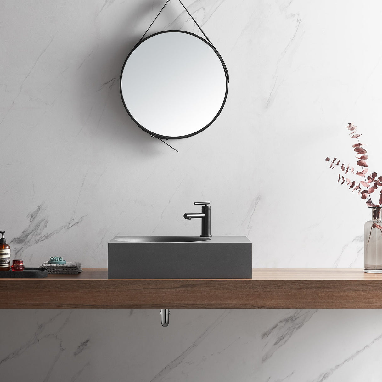 Bathroom Sink, Solid Surface Material, Wall - Mount or Countertop Install, 24" with Single Faucet Hole in Matte Gray, SVWS603L - 26GR - Serene Valley