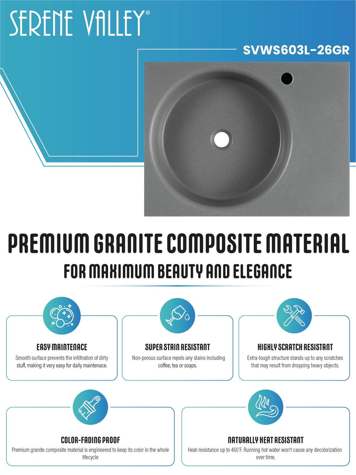 Bathroom Sink, Solid Surface Material, Wall - Mount or Countertop Install, 24" with Single Faucet Hole in Matte Gray, SVWS603L - 26GR - Serene Valley