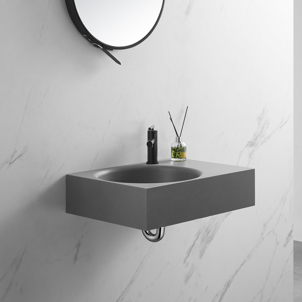 Bathroom Sink, Solid Surface Material, Wall - Mount or Countertop Install, 24" with Single Faucet Hole in Matte Gray, SVWS603L - 26GR - Serene Valley