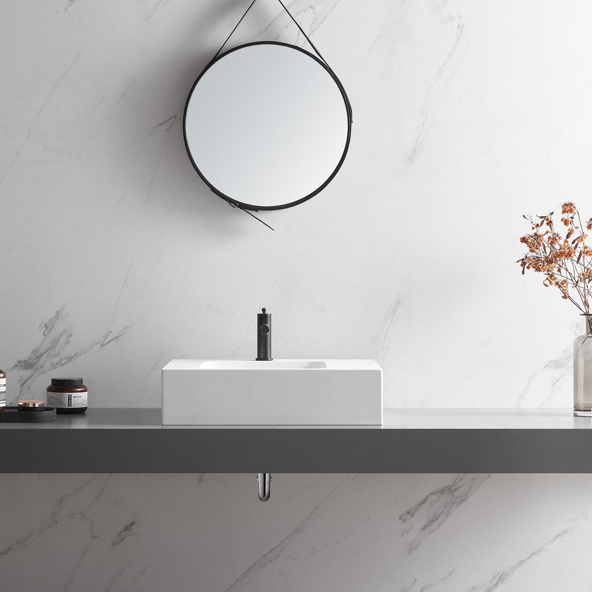 Bathroom Sink, Solid Surface Material, Wall - Mount or Countertop Install, 24" with Single Faucet Hole in Matte White, SVWS602 - 26WH - Serene Valley