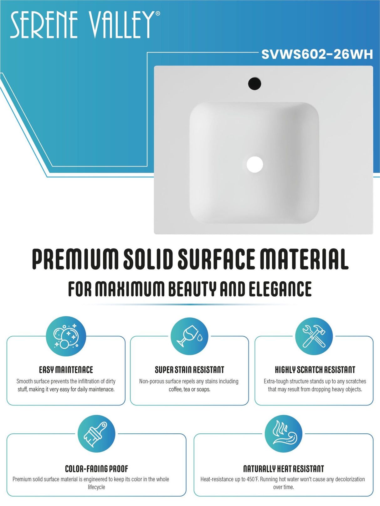 Bathroom Sink, Solid Surface Material, Wall - Mount or Countertop Install, 24" with Single Faucet Hole in Matte White, SVWS602 - 26WH - Serene Valley