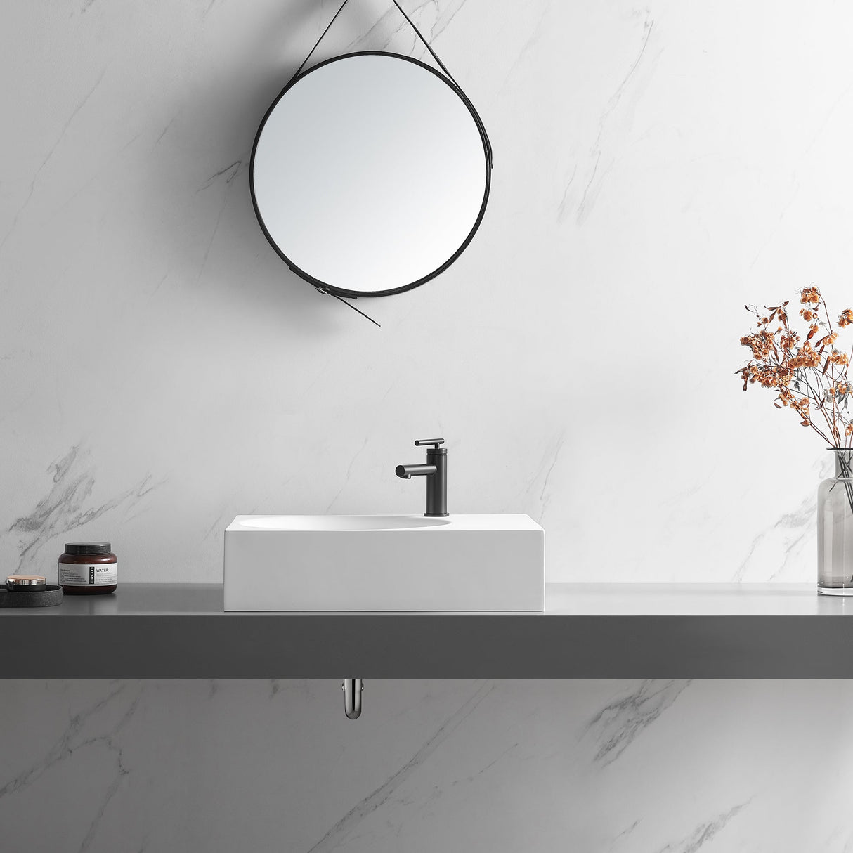 Bathroom Sink, Solid Surface Material, Wall - Mount or Countertop Install, 24" with Single Faucet Hole in Matte White, SVWS603L - 26WH - Serene Valley