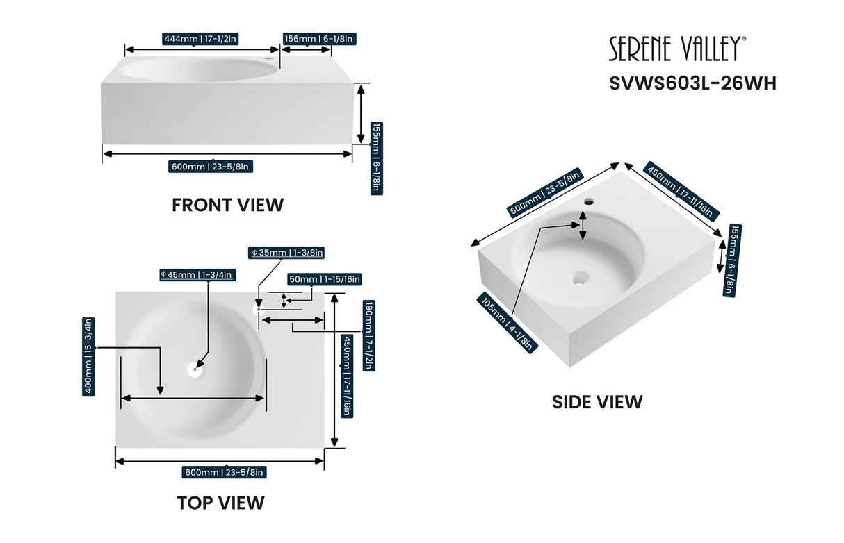 Bathroom Sink, Solid Surface Material, Wall - Mount or Countertop Install, 24" with Single Faucet Hole in Matte White, SVWS603L - 26WH - Serene Valley