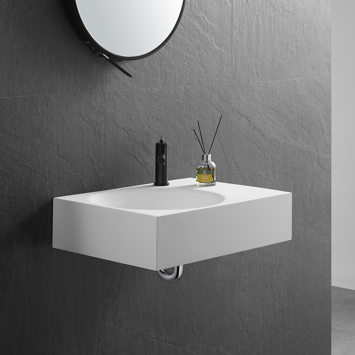 Bathroom Sink, Solid Surface Material, Wall - Mount or Countertop Install, 24" with Single Faucet Hole in Matte White, SVWS603L - 26WH - Serene Valley