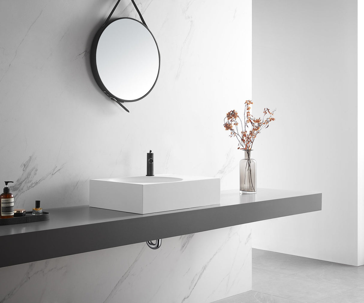 Bathroom Sink, Solid Surface Material, Wall - Mount or Countertop Install, 24" with Single Faucet Hole in Matte White, SVWS603L - 26WH - Serene Valley