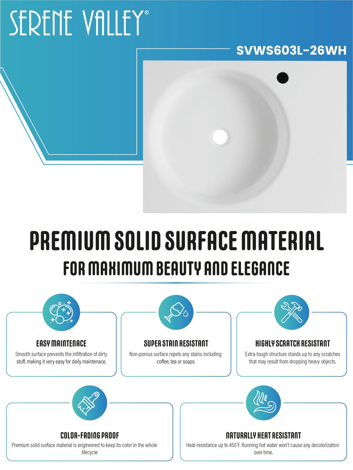 Bathroom Sink, Solid Surface Material, Wall - Mount or Countertop Install, 24" with Single Faucet Hole in Matte White, SVWS603L - 26WH - Serene Valley