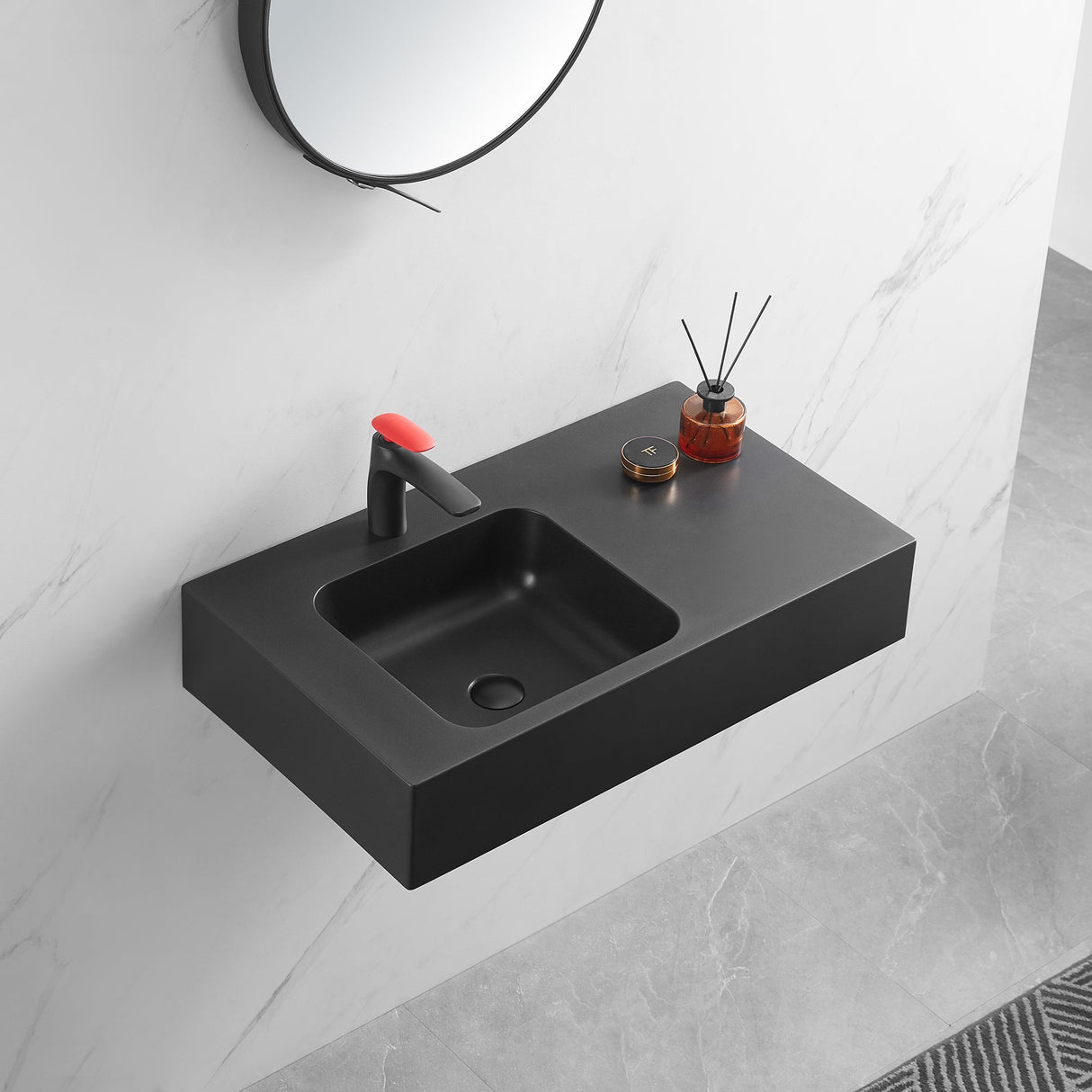 Bathroom Sink, Solid Surface Material, Wall - Mount or Countertop Install, 32" with Single Faucet Hole in Matte Black, SVWS602 - 32BK - Serene Valley