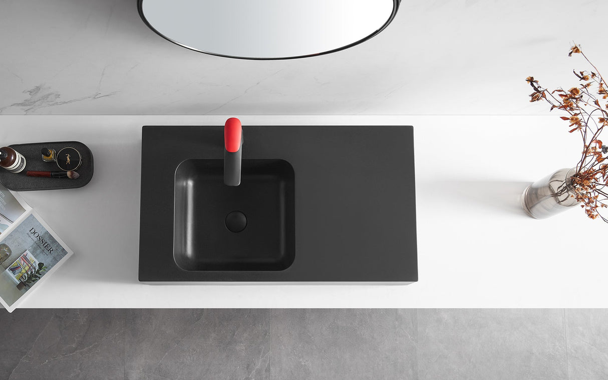 Bathroom Sink, Solid Surface Material, Wall - Mount or Countertop Install, 32" with Single Faucet Hole in Matte Black, SVWS602 - 32BK - Serene Valley