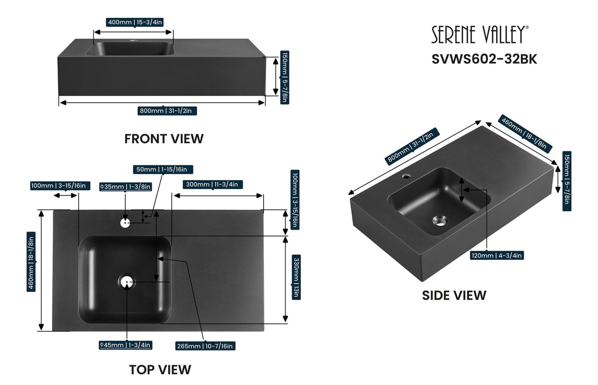 Bathroom Sink, Solid Surface Material, Wall - Mount or Countertop Install, 32" with Single Faucet Hole in Matte Black, SVWS602 - 32BK - Serene Valley