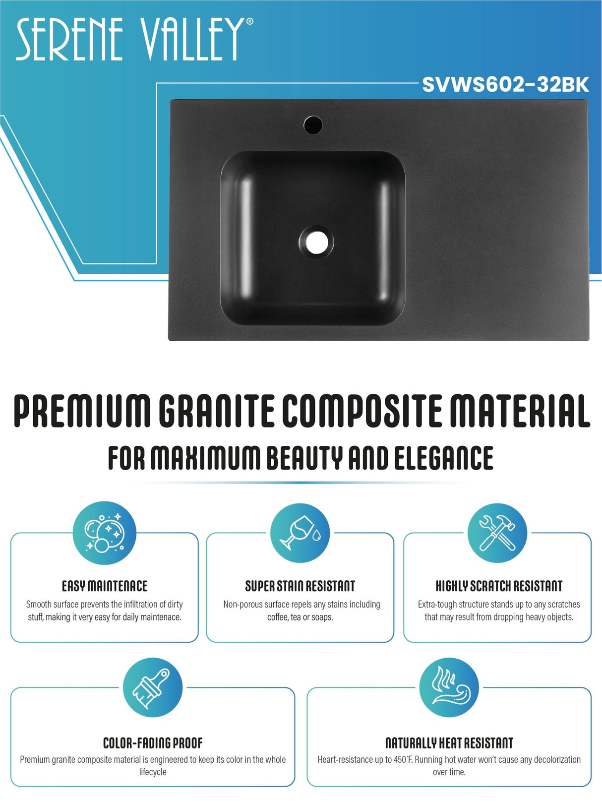 Bathroom Sink, Solid Surface Material, Wall - Mount or Countertop Install, 32" with Single Faucet Hole in Matte Black, SVWS602 - 32BK - Serene Valley