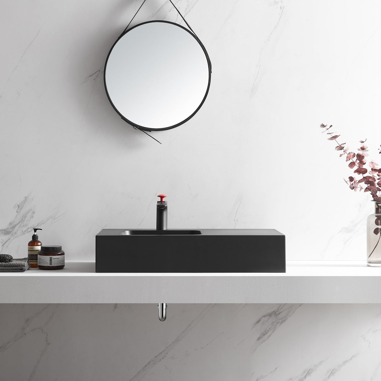 Bathroom Sink, Solid Surface Material, Wall - Mount or Countertop Install, 32" with Single Faucet Hole in Matte Black, SVWS602 - 32BK - Serene Valley