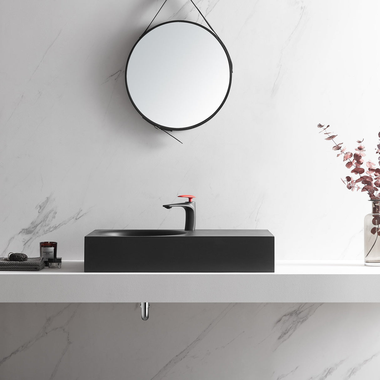 Bathroom Sink, Solid Surface Material, Wall - Mount or Countertop Install, 32" with Single Faucet Hole in Matte Black, SVWS603L - 32BK - Serene Valley