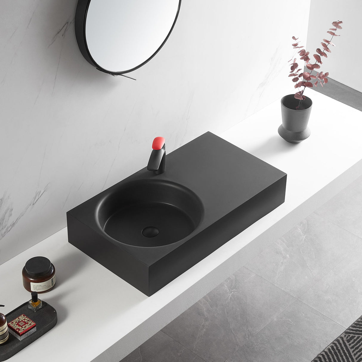 Bathroom Sink, Solid Surface Material, Wall - Mount or Countertop Install, 32" with Single Faucet Hole in Matte Black, SVWS603L - 32BK - Serene Valley
