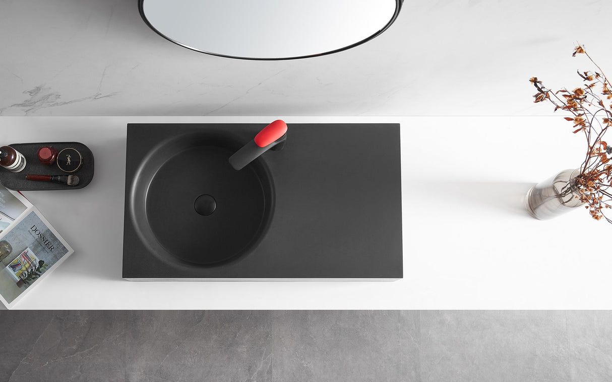 Bathroom Sink, Solid Surface Material, Wall - Mount or Countertop Install, 32" with Single Faucet Hole in Matte Black, SVWS603L - 32BK - Serene Valley