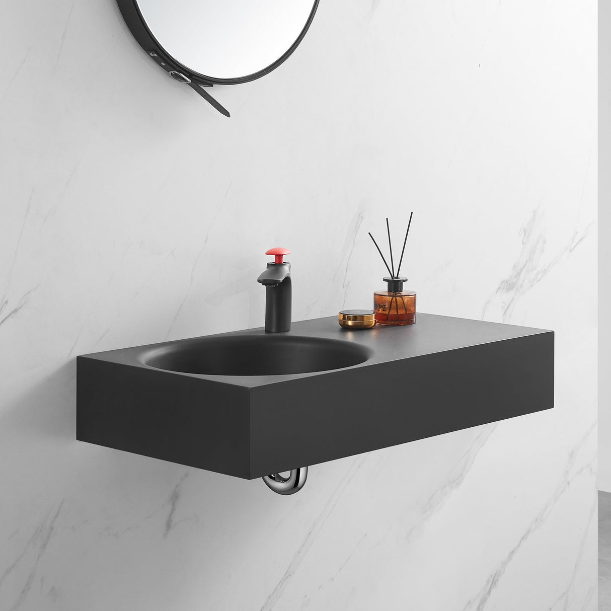 Bathroom Sink, Solid Surface Material, Wall - Mount or Countertop Install, 32" with Single Faucet Hole in Matte Black, SVWS603L - 32BK - Serene Valley