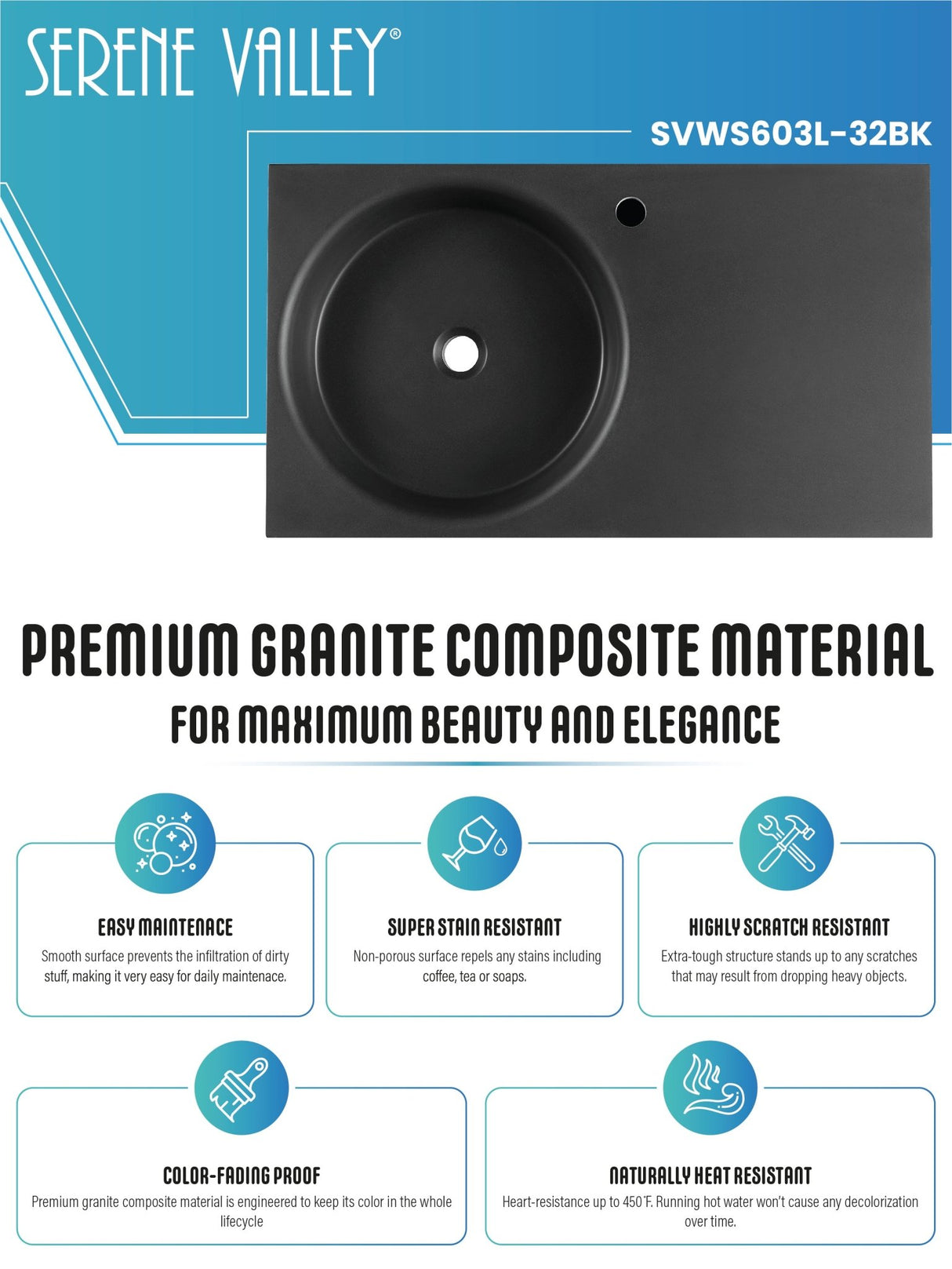 Bathroom Sink, Solid Surface Material, Wall - Mount or Countertop Install, 32" with Single Faucet Hole in Matte Black, SVWS603L - 32BK - Serene Valley