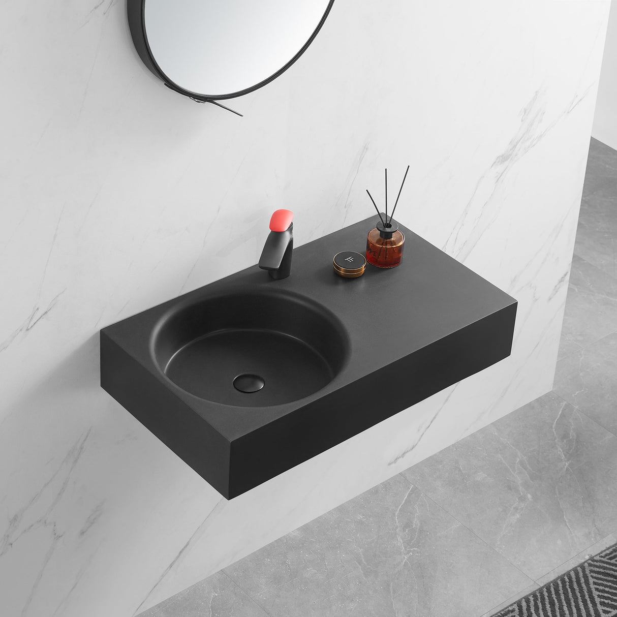 Bathroom Sink, Solid Surface Material, Wall - Mount or Countertop Install, 32" with Single Faucet Hole in Matte Black, SVWS603L - 32BK - Serene Valley