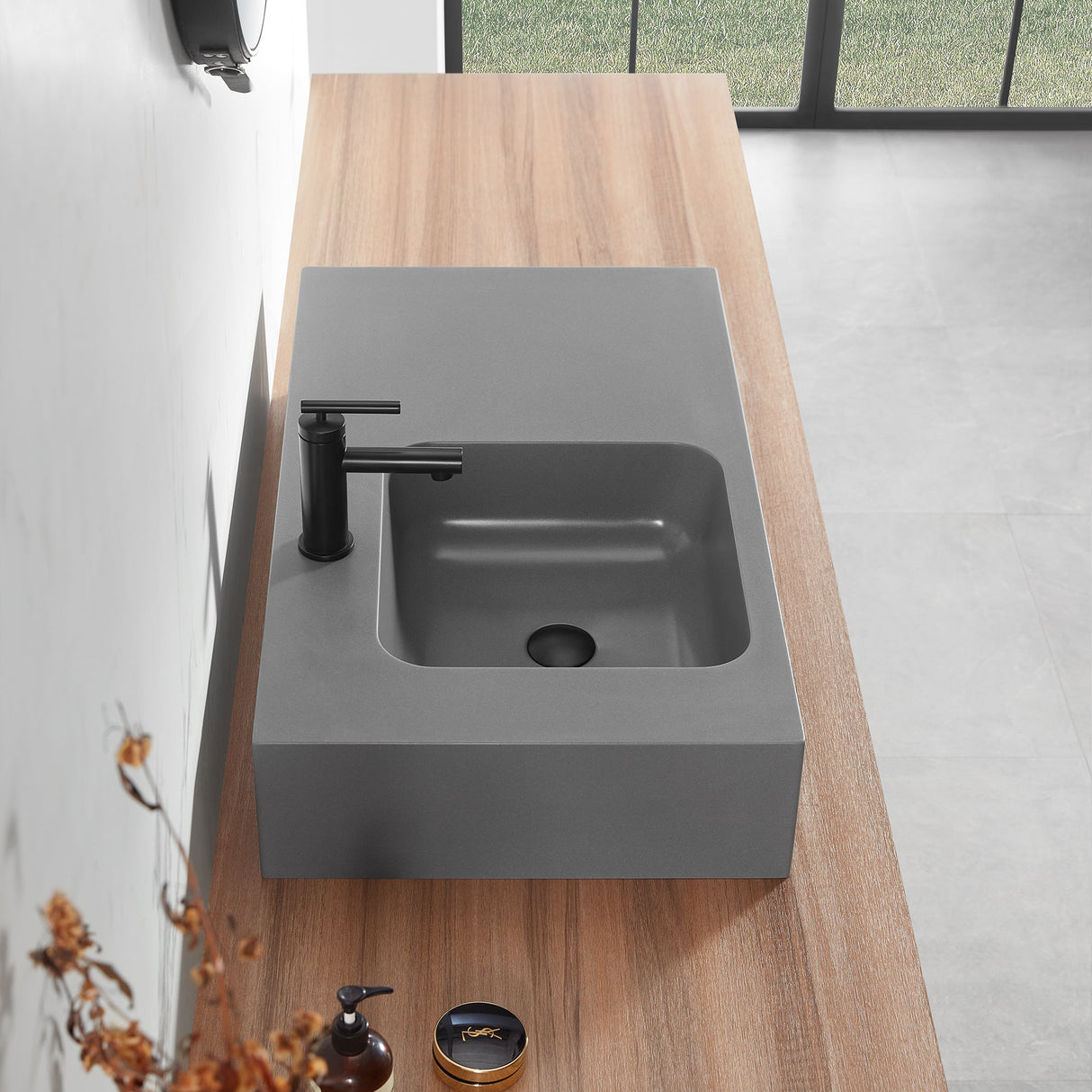 Bathroom Sink, Solid Surface Material, Wall - Mount or Countertop Install, 32" with Single Faucet Hole in Matte Gray, SVWS602 - 32GR - Serene Valley